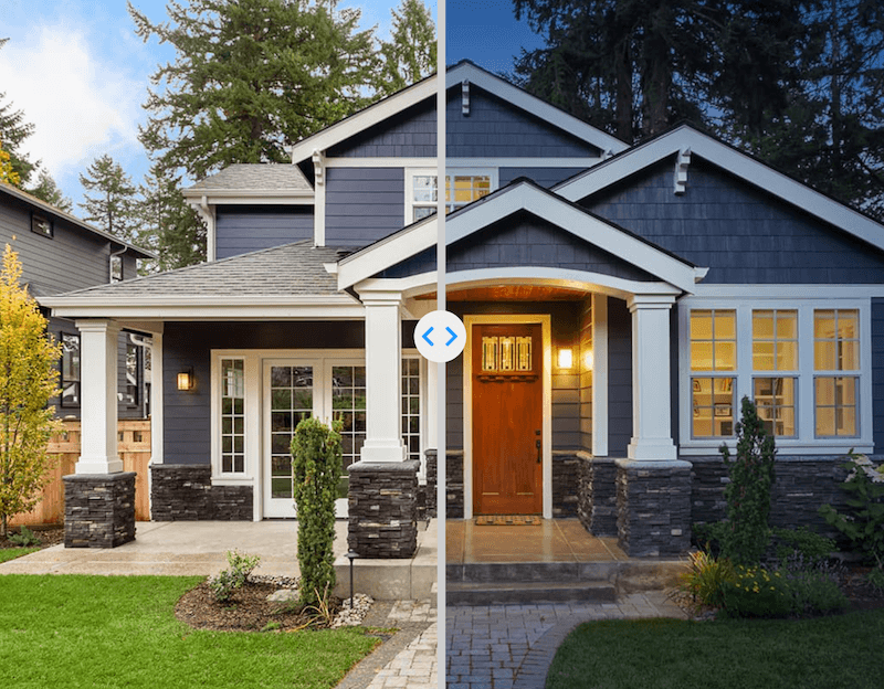 split screen of house during the day and at night