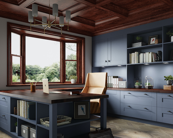 navy blue office with wood-toned bay window